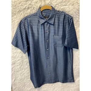 Van Heusen, Men's Navy Blue Checkered Rayon/Poly S/S, Size S 14-14 1/2